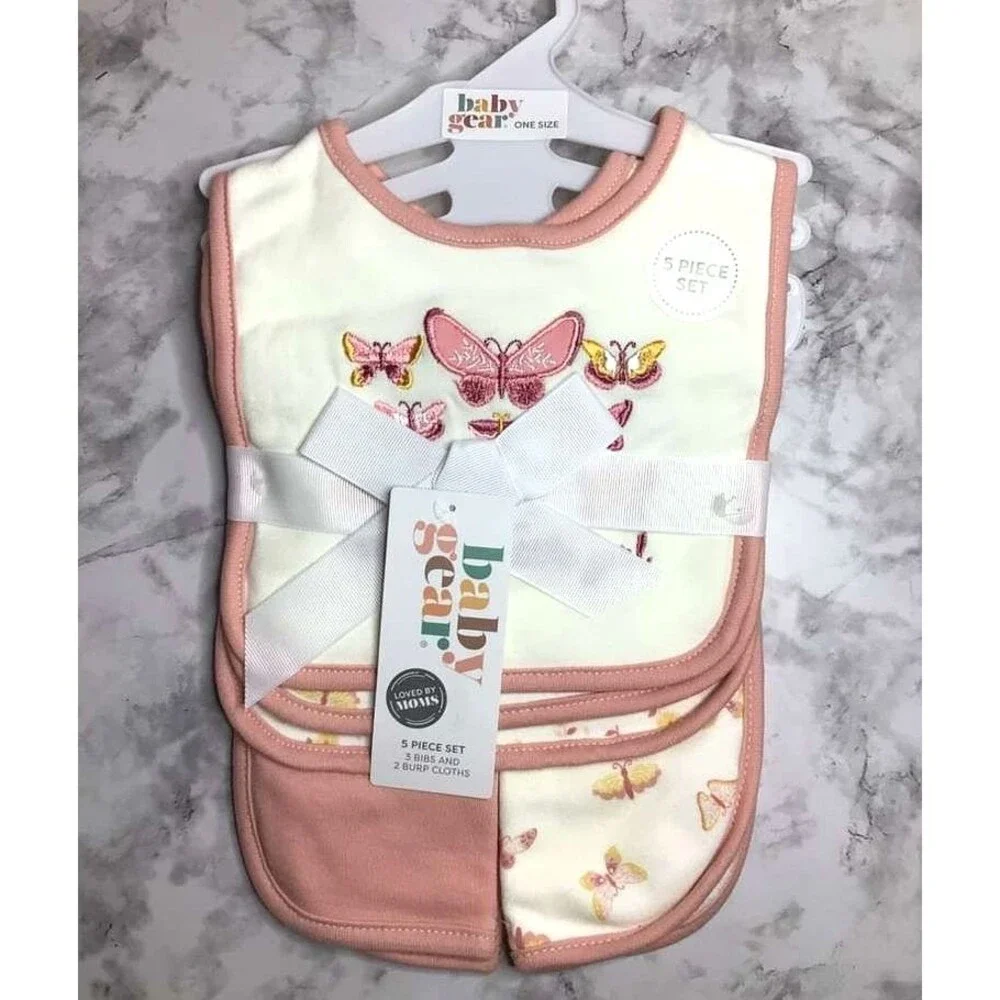 New Baby Gear 5-Piece Set  -Cloths Pink Gingham - Butterflies And Flowers